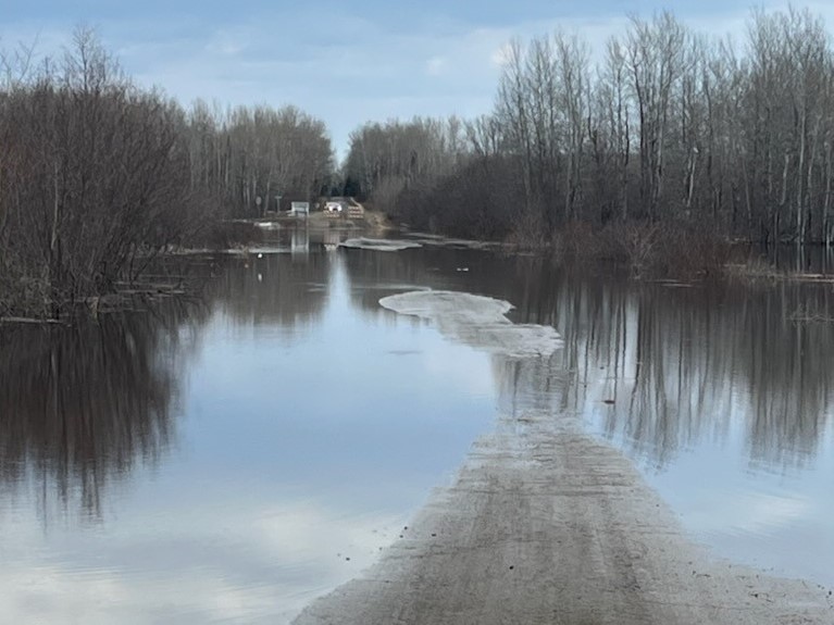 Flood waters cover much of County Road 315 